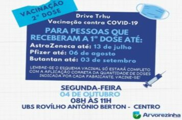 ATENÇÃO‼️ 2ª DOSE DA VACINA CONTRA A COVID-19 SERÁ NA SEGUNDA-FEIRA, 04 DE OUTUBRO