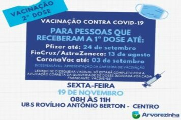 ATENÇÃO‼️ 2ª DOSE DA VACINA CONTRA A COVID-19 SERÁ NA SEXTA-FEIRA, 19 DE NOVEMBRO