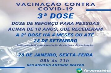 3ª DOSE DA VACINA CONTRA COVID-19 SERÁ NA SEXTA-FEIRA, 28 DE JANEIRO